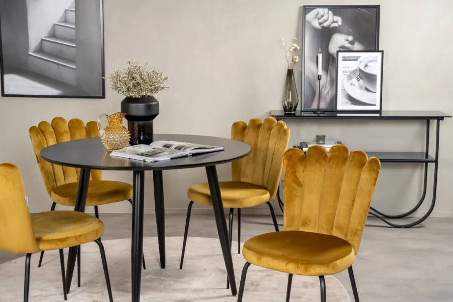 Ümmargune söögilaud Plaza ja kollased sametist Limhamn toolid (4 tk), must MDF ja metall, GR24133 – 5