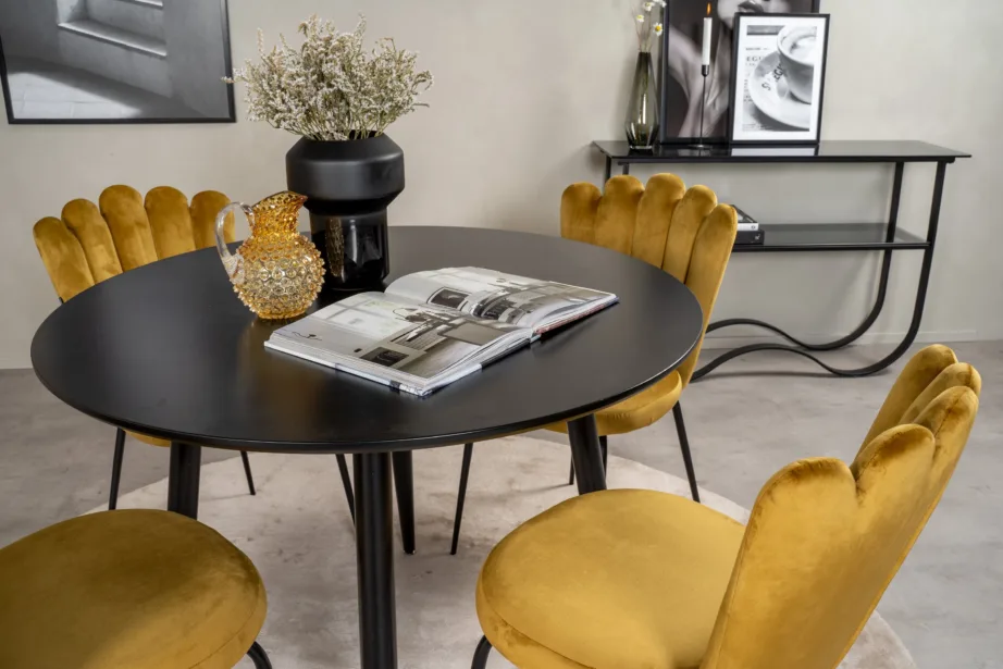Ümmargune söögilaud Plaza ja kollased sametist Limhamn toolid (4 tk), must MDF ja metall, GR24133 – 7