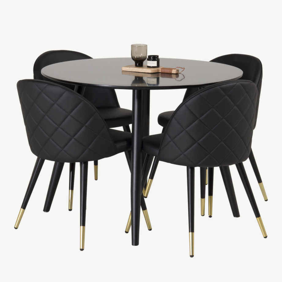 Ümmargune söögilaud Plaza ja mustad Velvet toolid (4 tk, MDF, PU, ø100 cm), GR24145