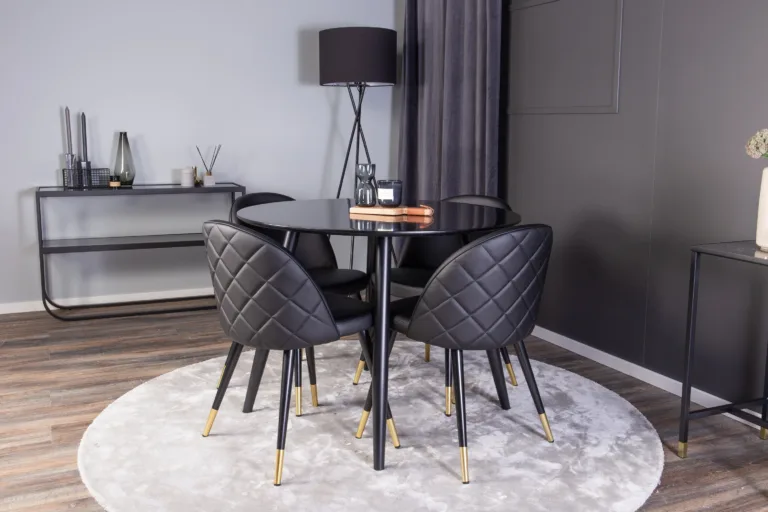 Ümmargune söögilaud Plaza ja mustad Velvet toolid (4 tk, MDF, PU, ø100 cm) - GR24145