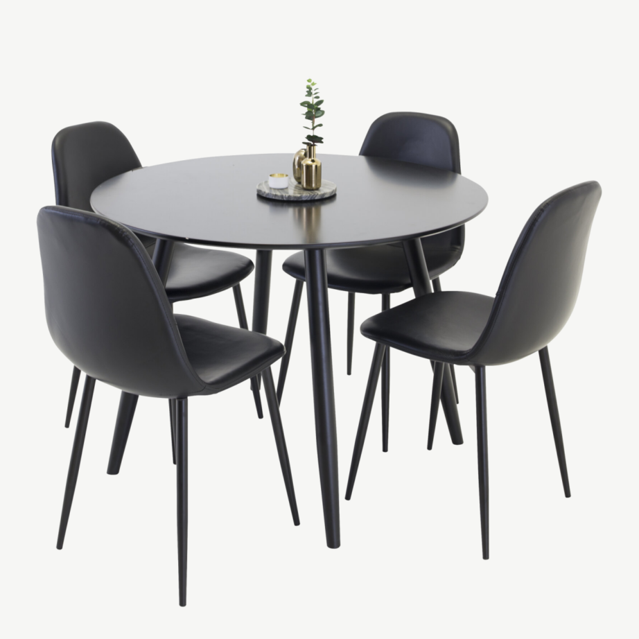 Ümmargune söögilaud Plaza ja mustad kunstnahast toolid Polar - GR24139