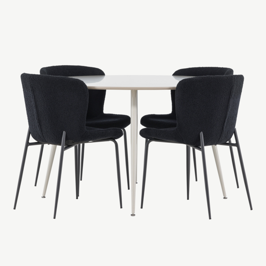 Ümmargune söögilaud Plaza ja neli musta Modesto tooli (MDF, beež, polüester), GR24404 – 2