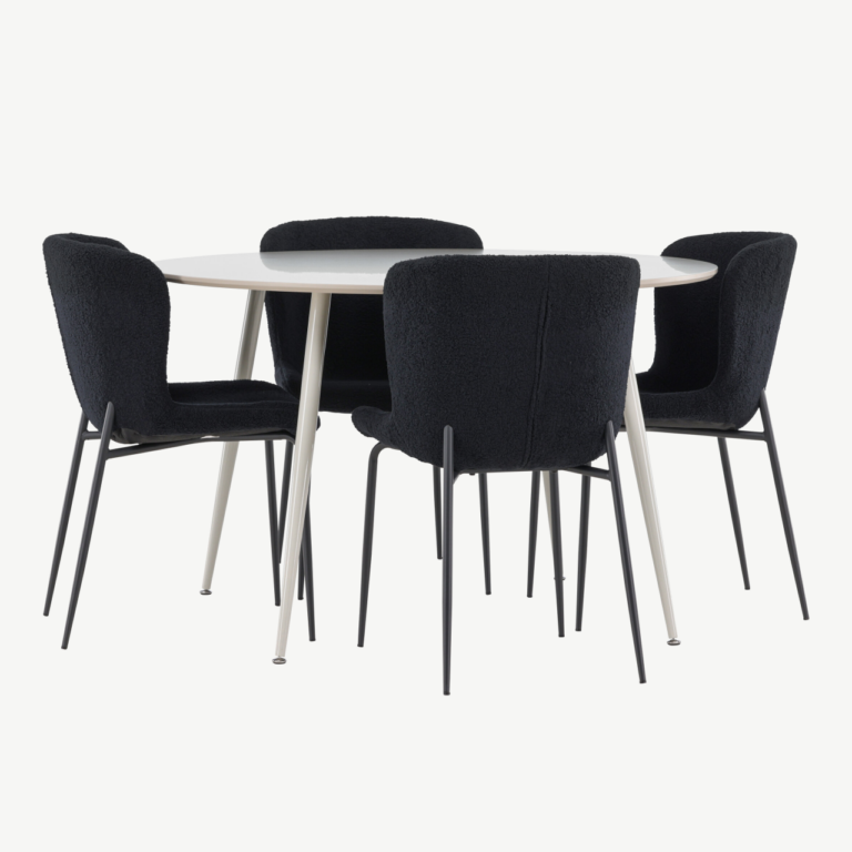 Ümmargune söögilaud Plaza ja neli musta Modesto tooli (MDF, beež, polüester) - GR24404