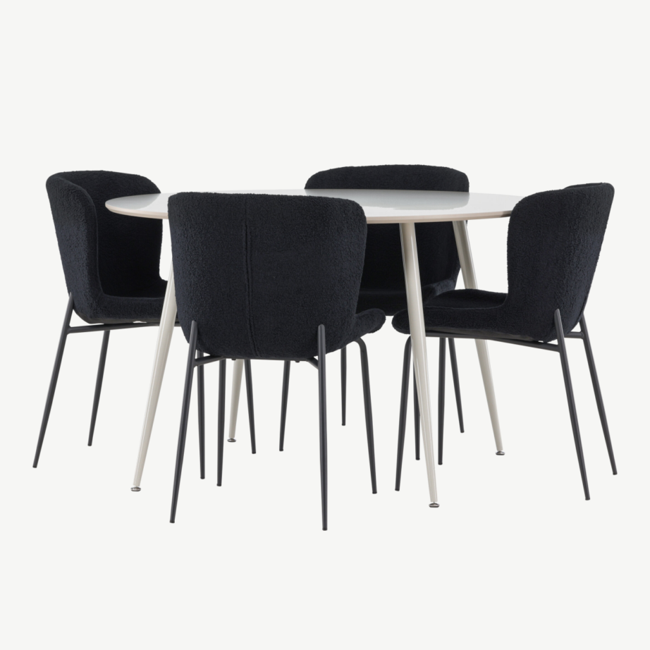 Ümmargune söögilaud Plaza ja neli musta Modesto tooli (MDF, beež, polüester), GR24404 – 4