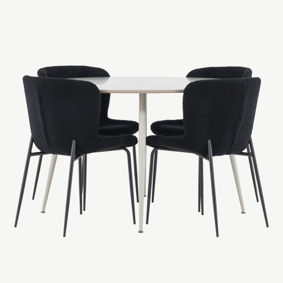 Ümmargune söögilaud Plaza ja neli musta Modesto tooli (MDF, beež, polüester), GR24404 – 5