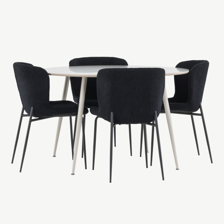 Ümmargune söögilaud Plaza ja neli musta Modesto tooli (MDF, beež, polüester) - GR24404