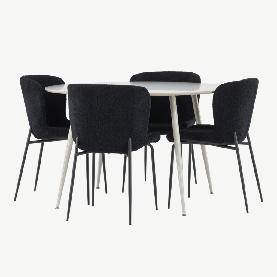 Ümmargune söögilaud Plaza ja neli musta Modesto tooli (MDF, beež, polüester), GR24404 – 6