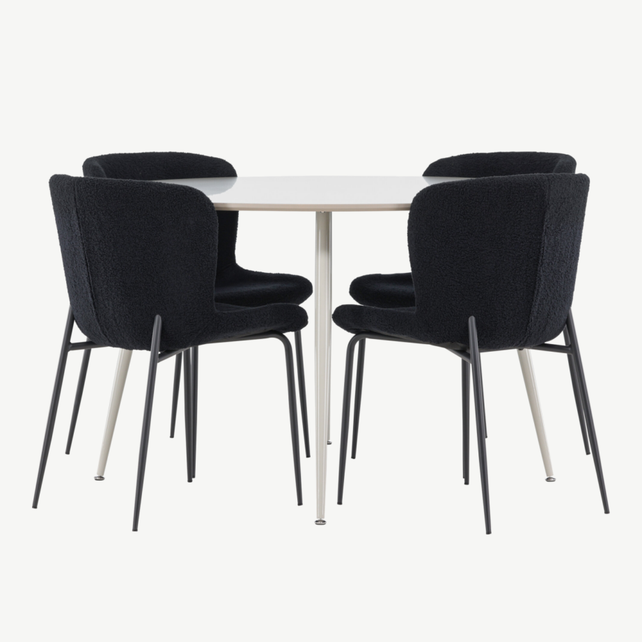 Ümmargune söögilaud Plaza ja neli musta Modesto tooli (MDF, beež, polüester), GR24404 – 7