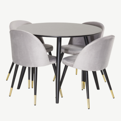 Ümmargune söögilaud Plaza koos velvetkangas hallide toolidega (ø100 cm, must) - GR24150