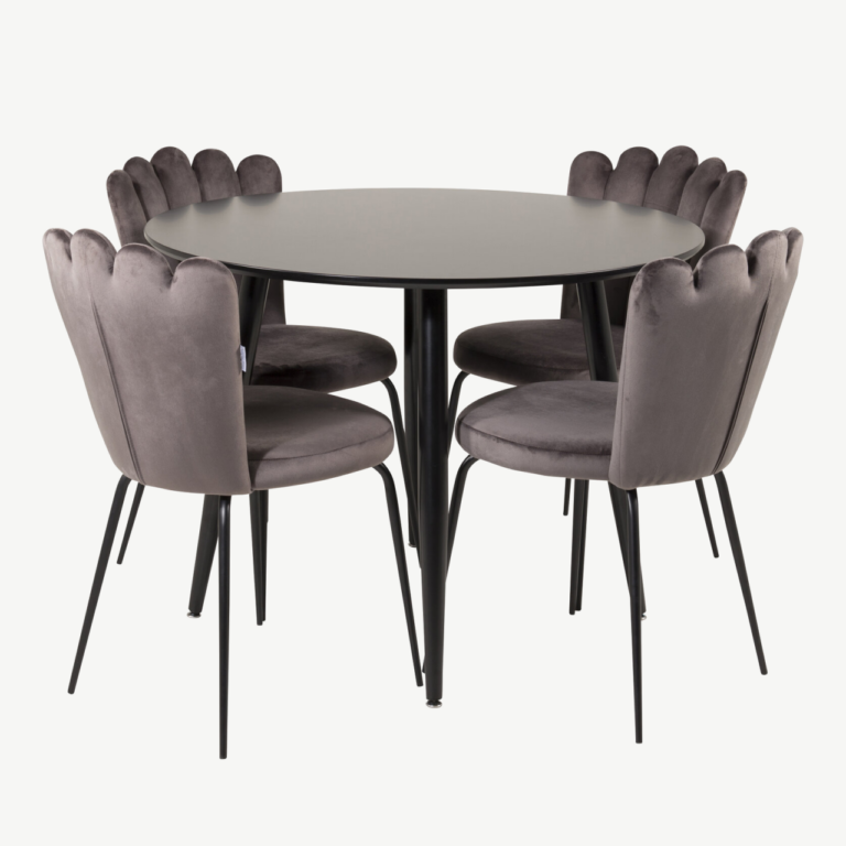 Ümmargune söögilaud Plaza must (ø100cm) ja hall samettool Limhamn - GR24134