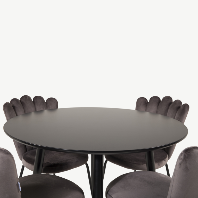 Ümmargune söögilaud Plaza must (ø100cm) ja hall samettool Limhamn - GR24134