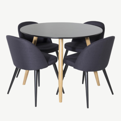 Ümmargune söögilaud Plaza (must MDF, ø100 cm) ja Velvet söögitoolid (must polüester, terasjalad) - GR24097