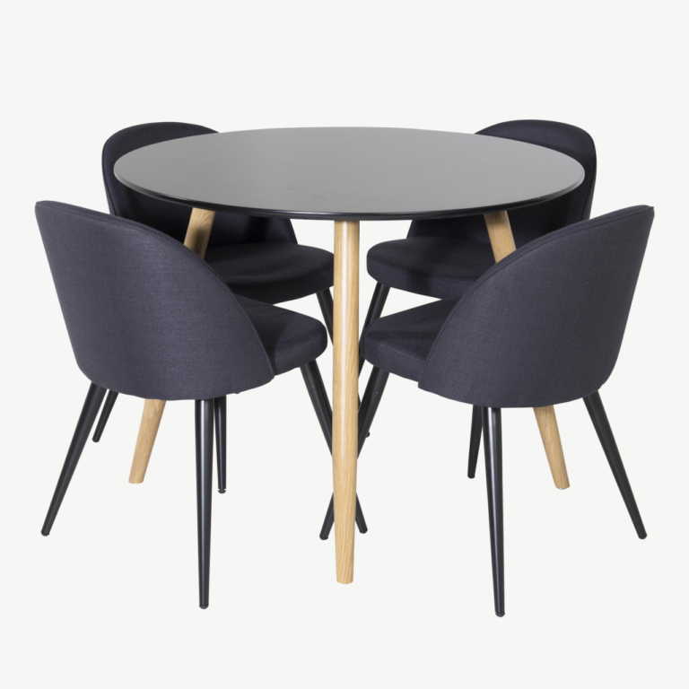 Ümmargune söögilaud Plaza (must MDF, ø100 cm) ja Velvet söögitoolid (must polüester, terasjalad) - GR24097