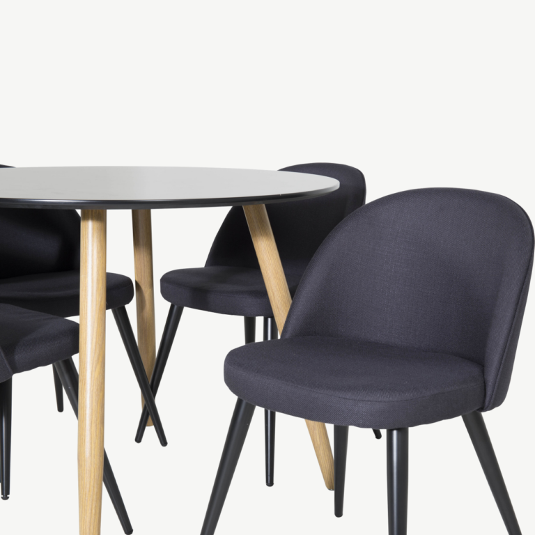 Ümmargune söögilaud Plaza (must MDF, ø100 cm) ja Velvet söögitoolid (must polüester, terasjalad) - GR24097