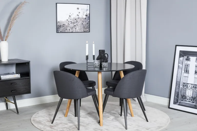 Ümmargune söögilaud Plaza (must MDF, ø100 cm) ja Velvet söögitoolid (must polüester, terasjalad) - GR24097