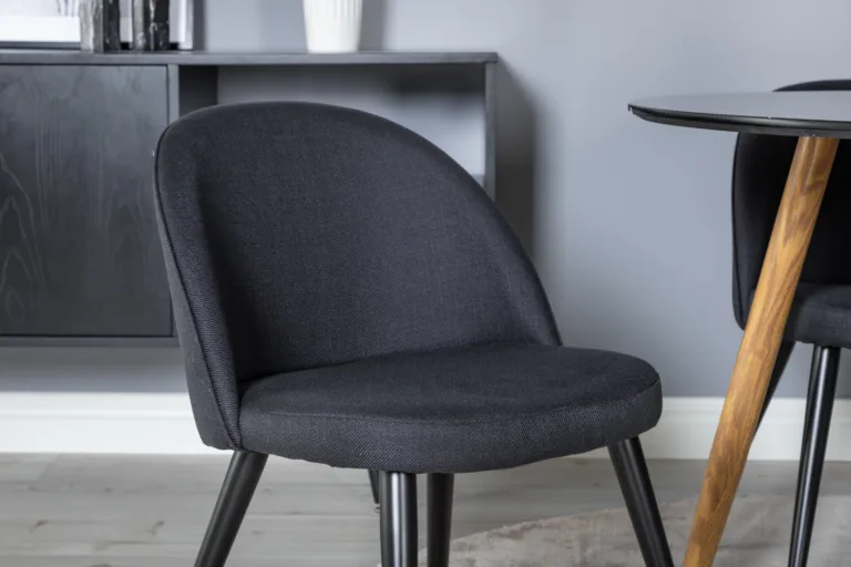 Ümmargune söögilaud Plaza (must MDF, ø100 cm) ja Velvet söögitoolid (must polüester, terasjalad) - GR24097