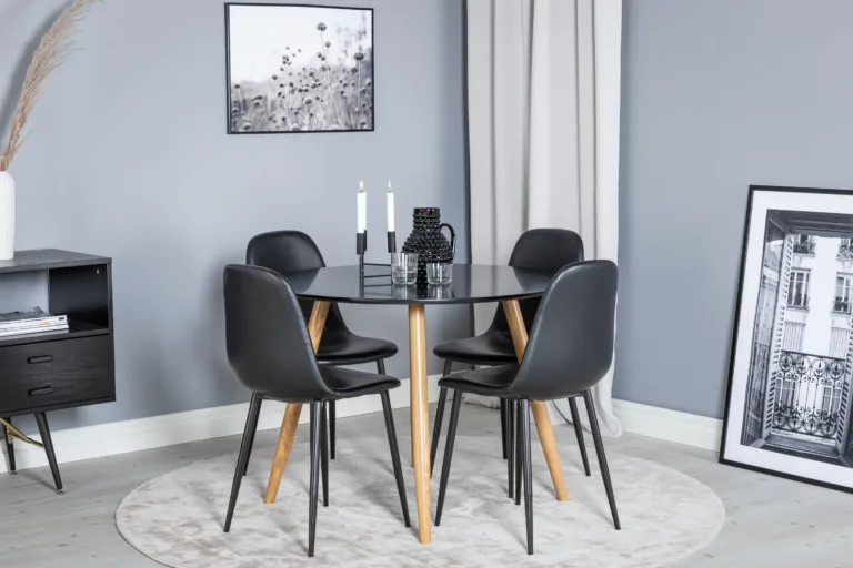 Ümmargune söögilaud Plaza musta MDF-plaadiga ja Polar söögitoolid (4 tk), must - GR24093