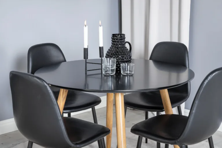 Ümmargune söögilaud Plaza musta MDF-plaadiga ja Polar söögitoolid (4 tk), must - GR24093