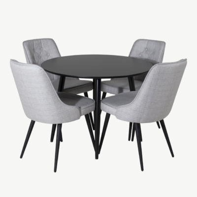 Ümmargune söögilaud Plaza musta MDF-plaadiga ja Velvet Deluxe helehallid söögitoolid - GR24122