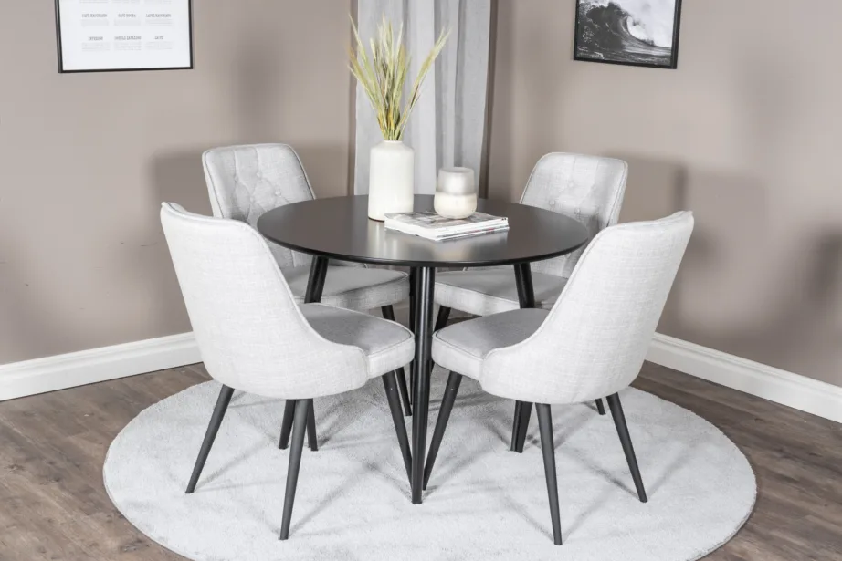 Ümmargune söögilaud Plaza musta MDF-plaadiga ja Velvet Deluxe helehallid söögitoolid, GR24122 – 3