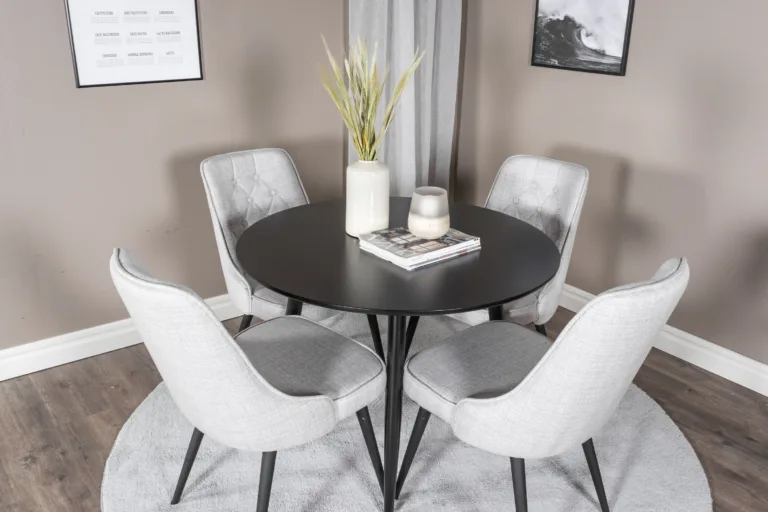 Ümmargune söögilaud Plaza musta MDF-plaadiga ja Velvet Deluxe helehallid söögitoolid - GR24122