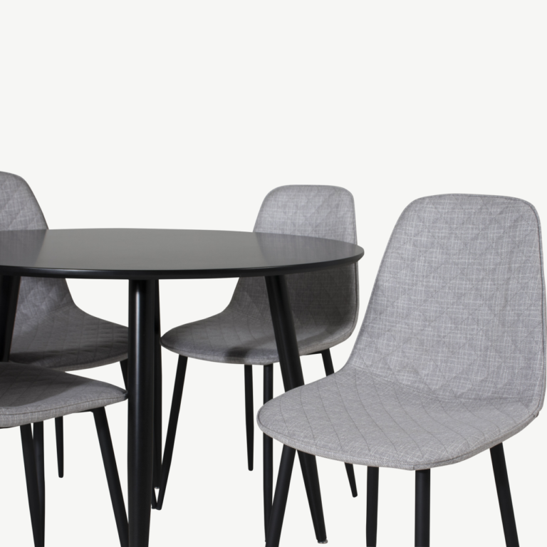 Ümmargune söögilaud Plaza musta MDF-plaadiga ja hallid polüesterist söögitoolid Polar (4 tk) - GR24116