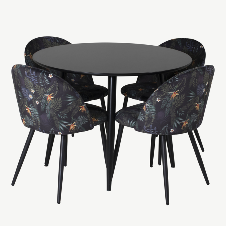 Ümmargune söögilaud Plaza musta MDF-plaadiga ja sametist lillemustrilised toolid - GR24123