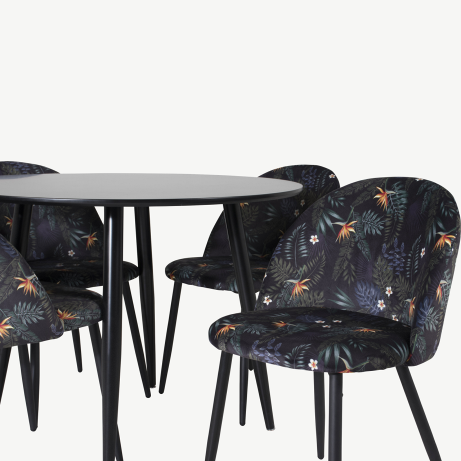 Ümmargune söögilaud Plaza musta MDF-plaadiga ja sametist lillemustrilised toolid, GR24123 – 2