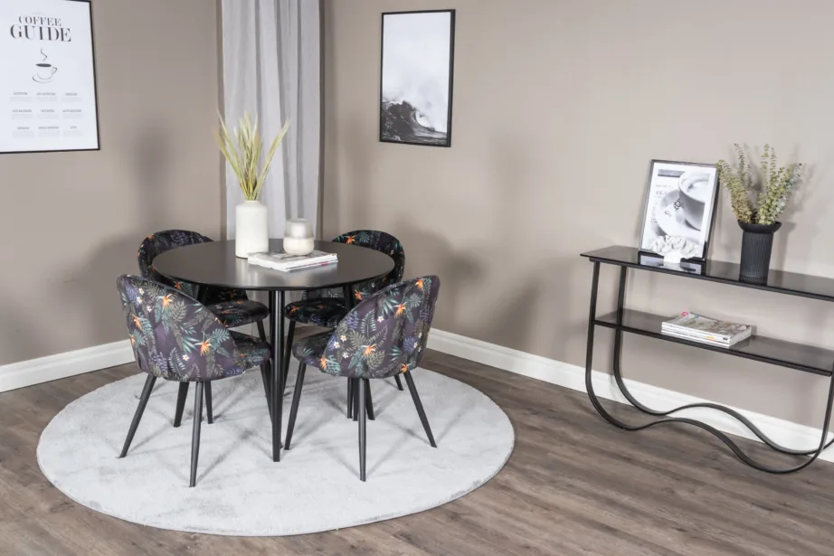 Ümmargune söögilaud Plaza musta MDF-plaadiga ja sametist lillemustrilised toolid, GR24123 – 3