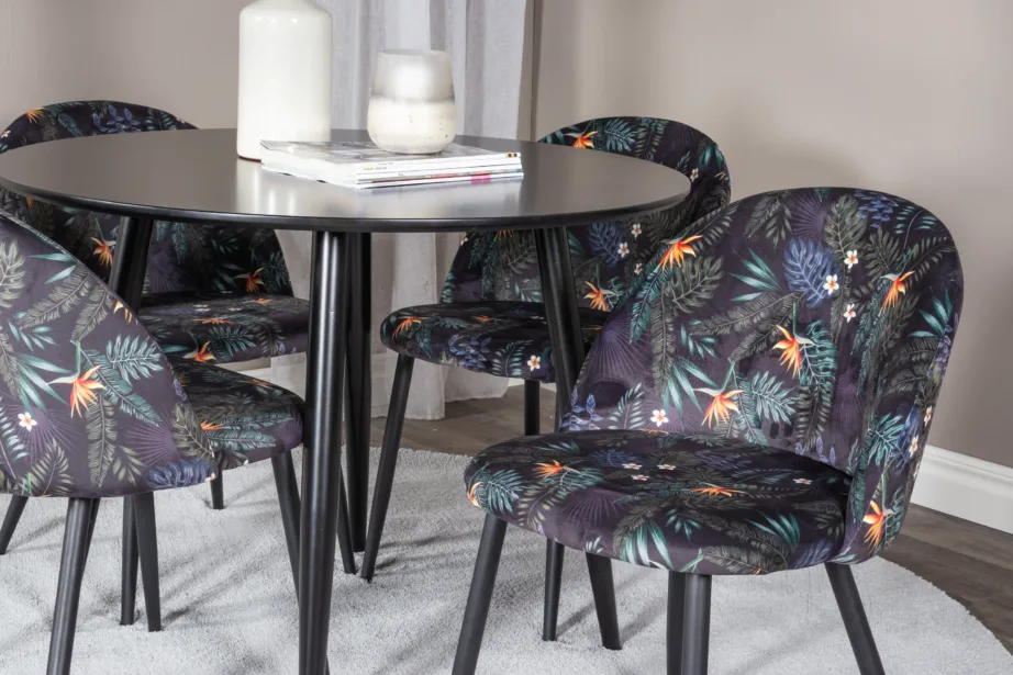 Ümmargune söögilaud Plaza musta MDF-plaadiga ja sametist lillemustrilised toolid, GR24123 – 4