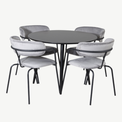 Ümmargune söögilaud Plaza nelja halli velvetist Arrow tooliga (must MDF, terasest jalad), GR24111