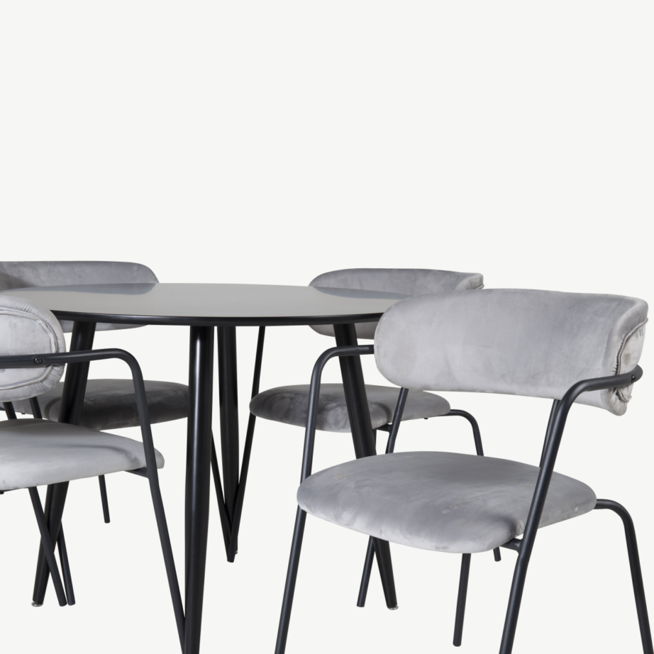 Ümmargune söögilaud Plaza nelja halli velvetist Arrow tooliga (must MDF, terasest jalad), GR24111 – 2