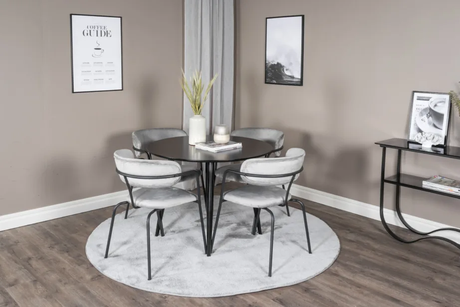 Ümmargune söögilaud Plaza nelja halli velvetist Arrow tooliga (must MDF, terasest jalad), GR24111 – 3