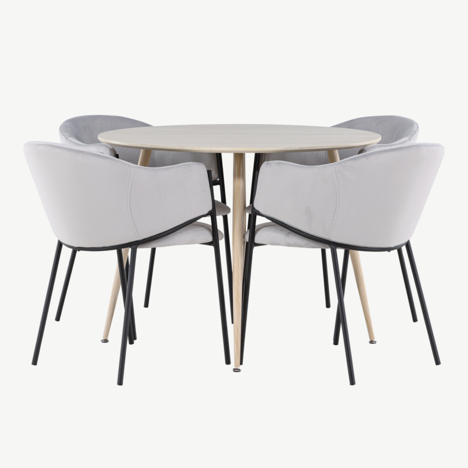 Ümmargune söögilaud Plaza valge peitsiga ja 4 helehalli velvetkattega Evelina tooli, GR24481 – 2