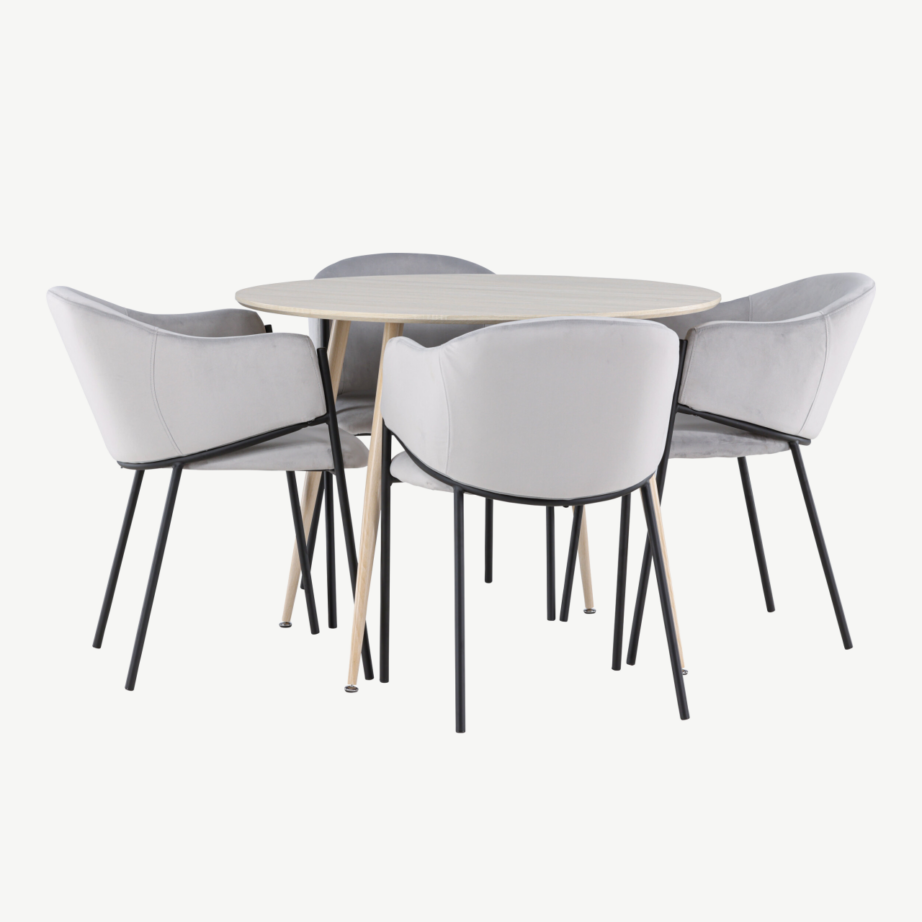 Ümmargune söögilaud Plaza valge peitsiga ja 4 helehalli velvetkattega Evelina tooli, GR24481 – 3