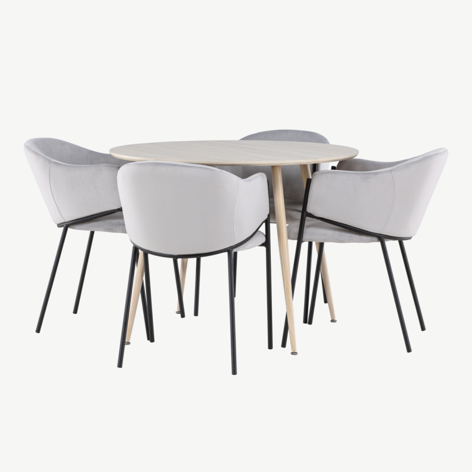 Ümmargune söögilaud Plaza valge peitsiga ja 4 helehalli velvetkattega Evelina tooli, GR24481 – 4