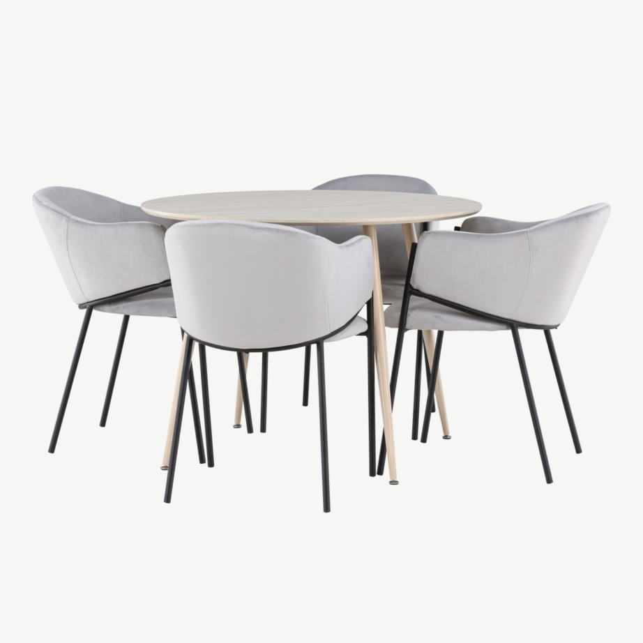 Ümmargune söögilaud Plaza valge peitsiga ja 4 helehalli velvetkattega Evelina tooli, GR24481 – 6