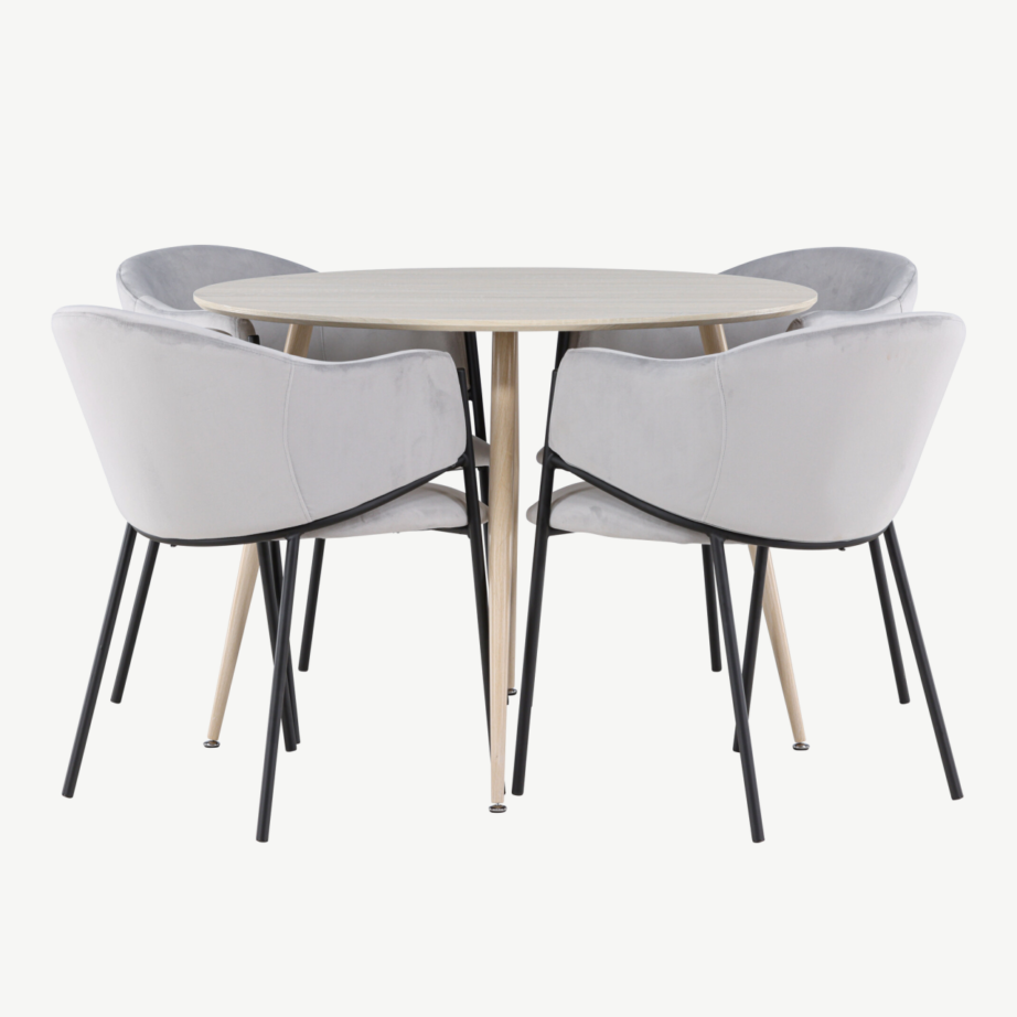 Ümmargune söögilaud Plaza valge peitsiga ja 4 helehalli velvetkattega Evelina tooli, GR24481 – 7