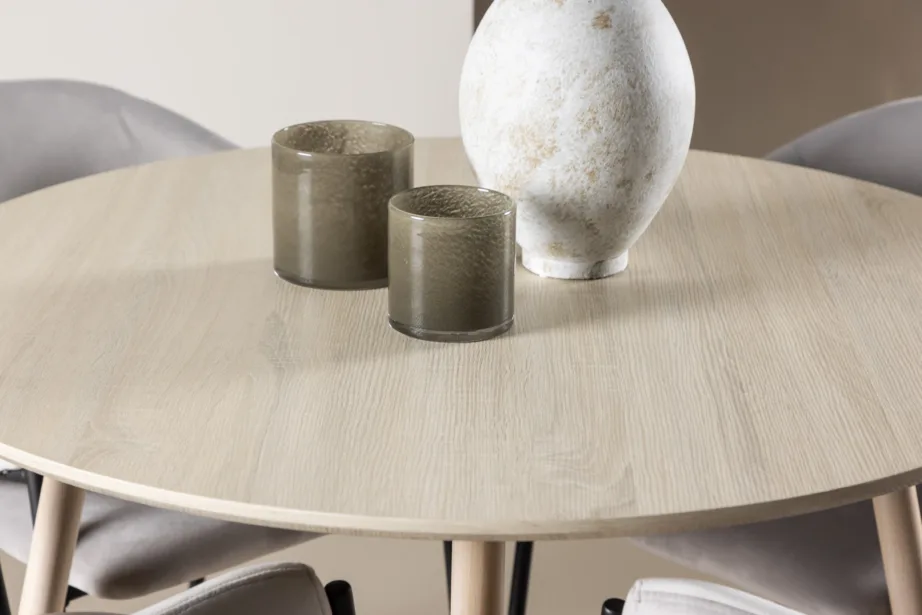 Ümmargune söögilaud Plaza valge peitsiga ja 4 helehalli velvetkattega Evelina tooli, GR24481 – 10