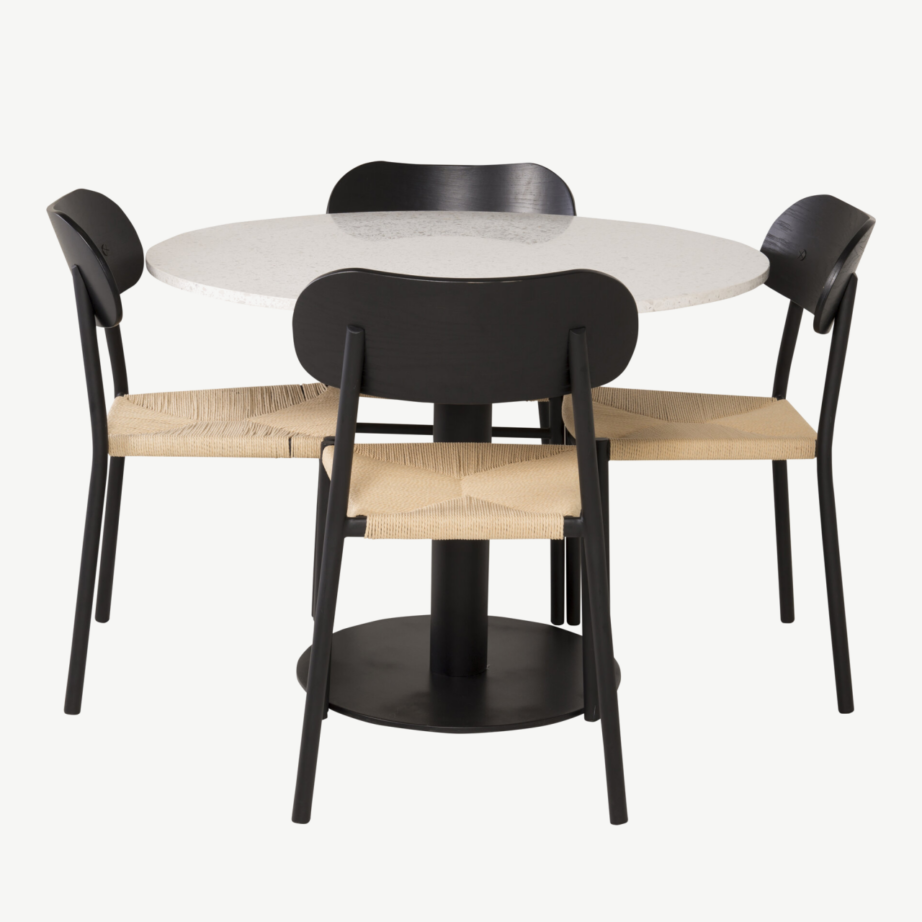 Ümmargune söögilaud Razzia terrazzo lauaplaadiga ja musta raamiga + Polly rotangist istmega must söögitool, GR24020 – 2
