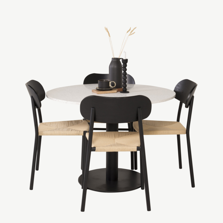 Ümmargune söögilaud Razzia terrazzo lauaplaadiga ja musta raamiga + Polly rotangist istmega must söögitool, GR24020 – 3