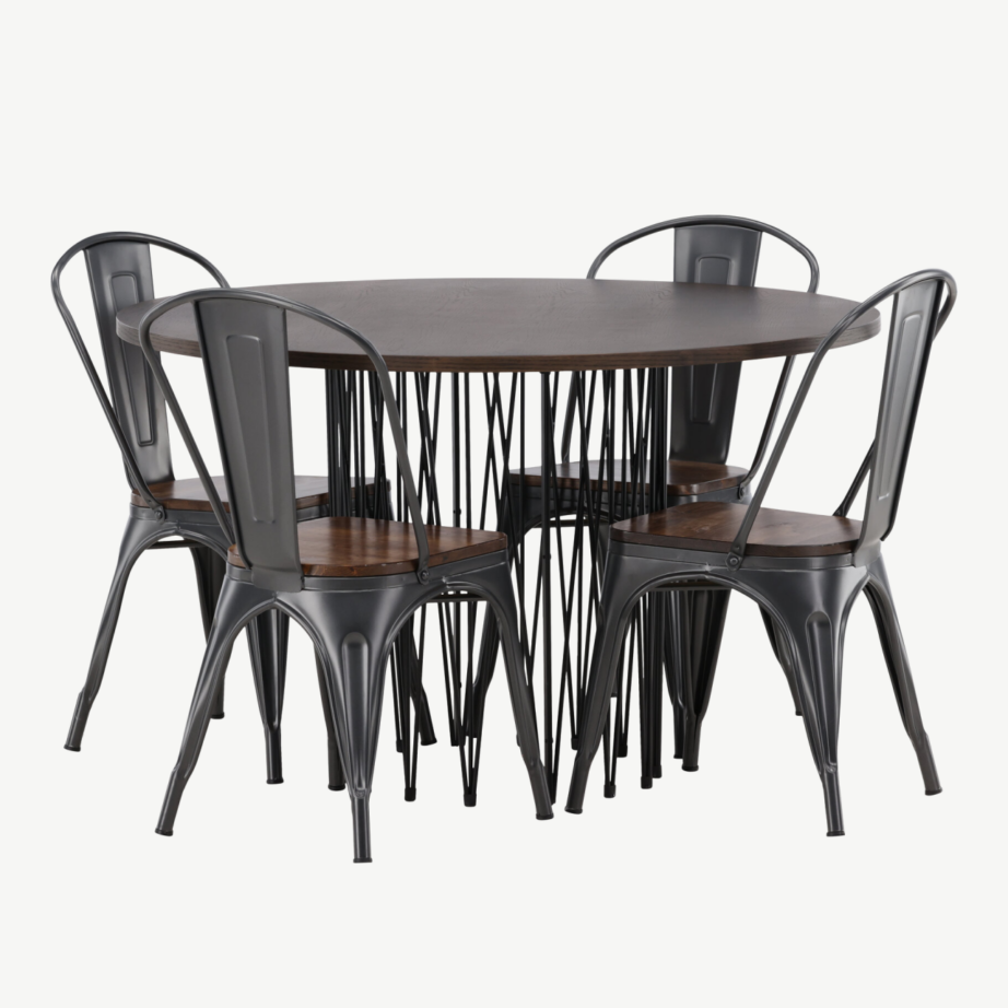 Ümmargune söögilaud Stone ja Tempe terastoolid (mokkatoon, pähkel, Ø120cm), GR23032