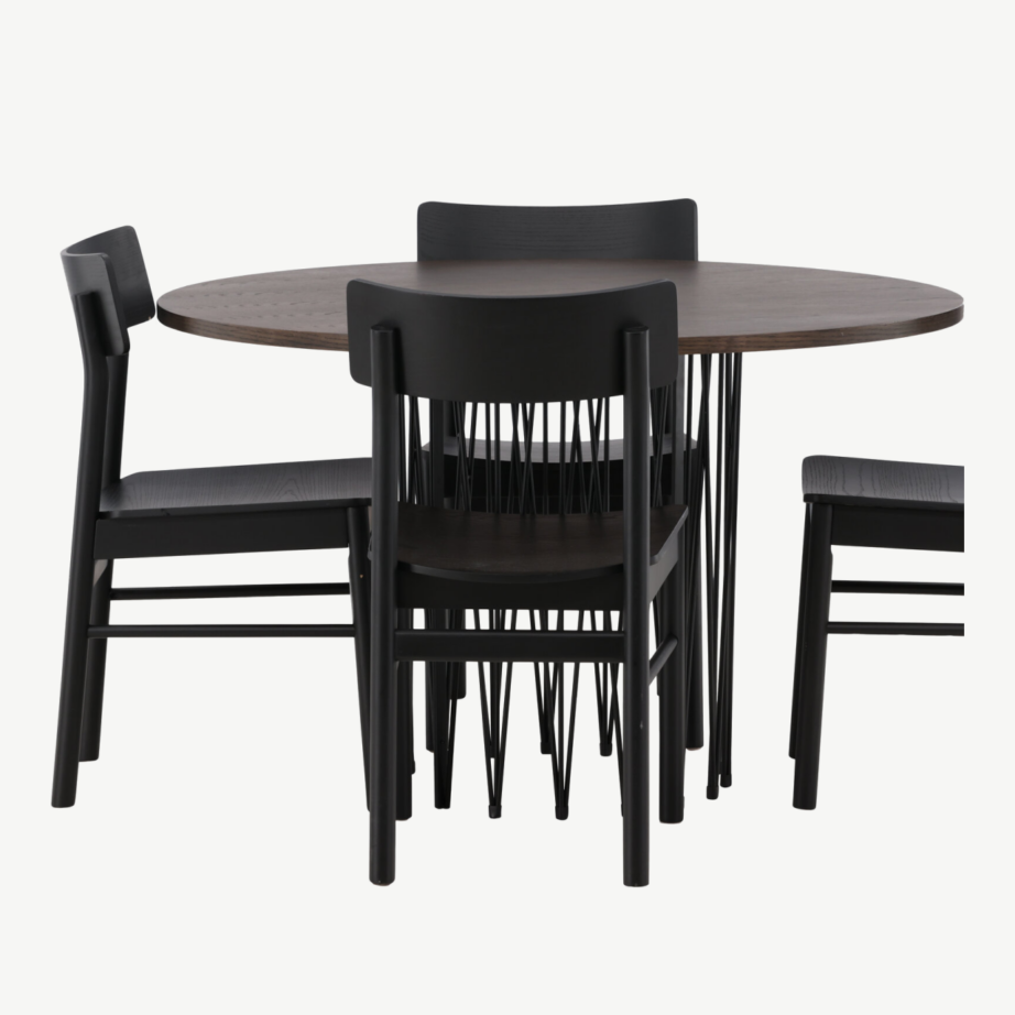Ümmargune söögilaud Stone ja mustad toolid (mokkatoon, 120 cm), GR23029 – 2
