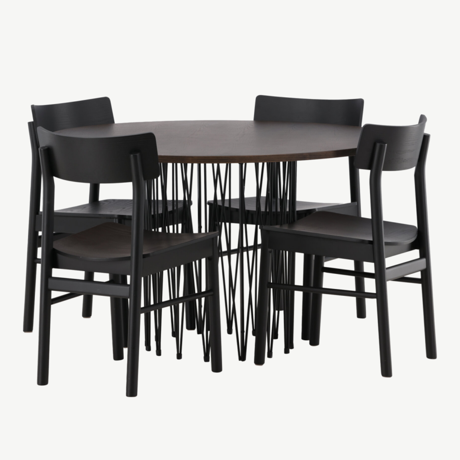 Ümmargune söögilaud Stone ja mustad toolid (mokkatoon, 120 cm), GR23029