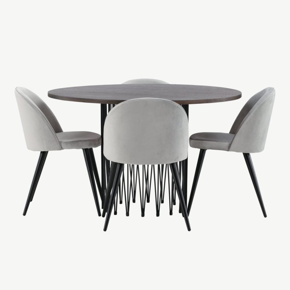 Ümmargune söögilaud Stone ja sametist söögitoolid (mokkatoon, helehall velvet), GR22842 – 2