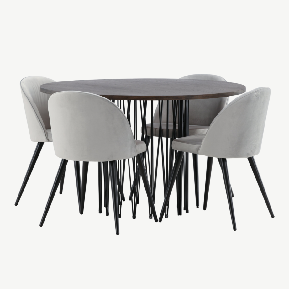 Ümmargune söögilaud Stone ja sametist söögitoolid (mokkatoon, helehall velvet), GR22842 – 3