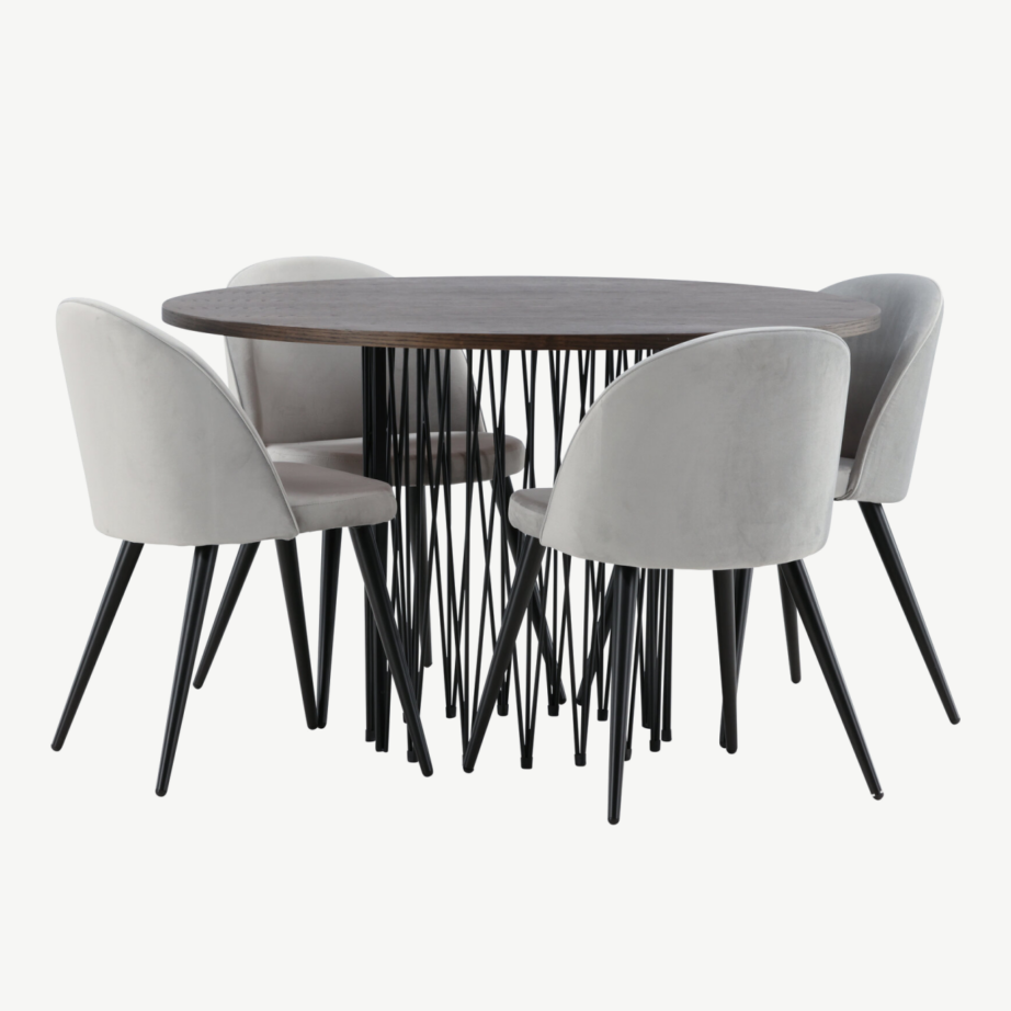 Ümmargune söögilaud Stone ja sametist söögitoolid (mokkatoon, helehall velvet), GR22842 – 6