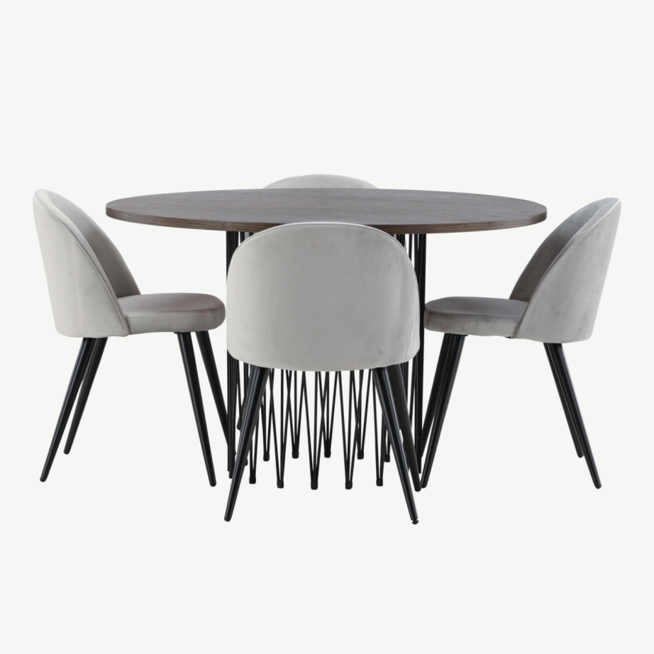 Ümmargune söögilaud Stone ja sametist söögitoolid (mokkatoon, helehall velvet), GR22842 – 7