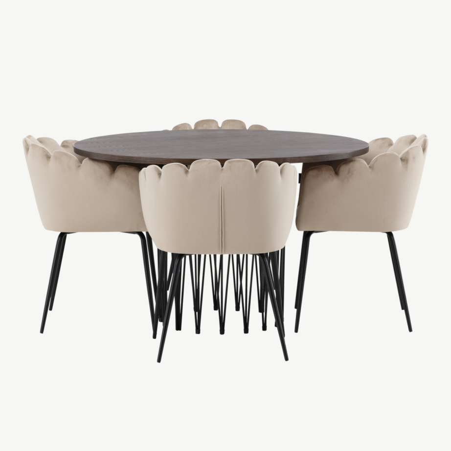 Ümmargune söögilaud Stone mokka viimistlusega ja Limhamni beež samettoolid, GR23025 – 2