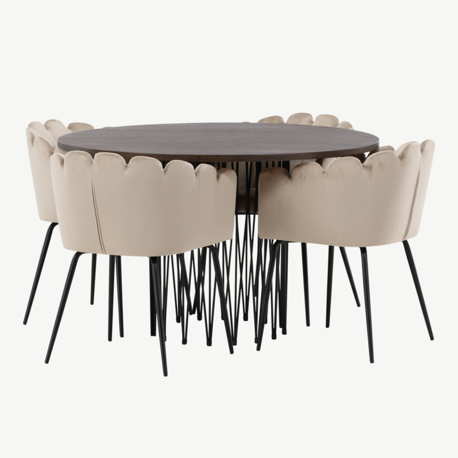 Ümmargune söögilaud Stone mokka viimistlusega ja Limhamni beež samettoolid, GR23025 – 3